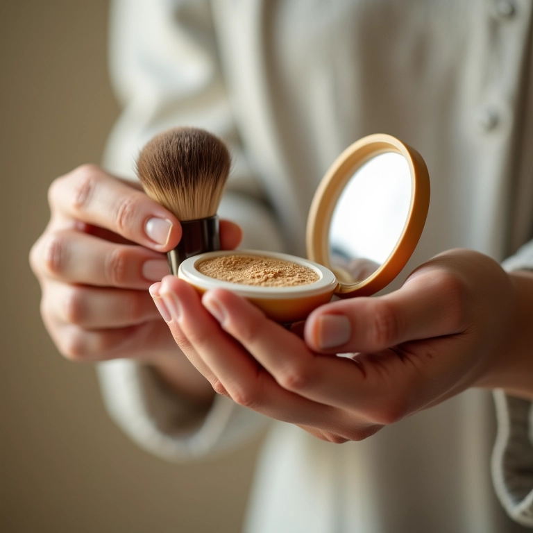 Aplicação uniforme de pó compacto com pincel.