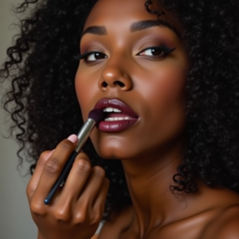 Aplicando batom escuro com pincel para precisão.
