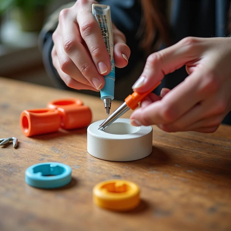 Aplicando cola em bisnaga em projeto de artesanato