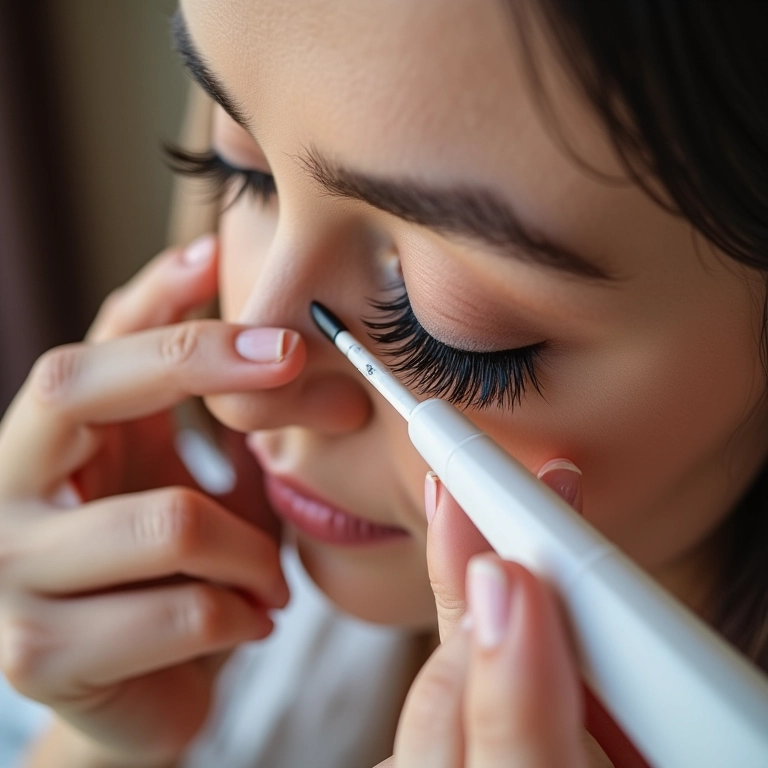 Aplicando cola nos cílios postiços com precisão.