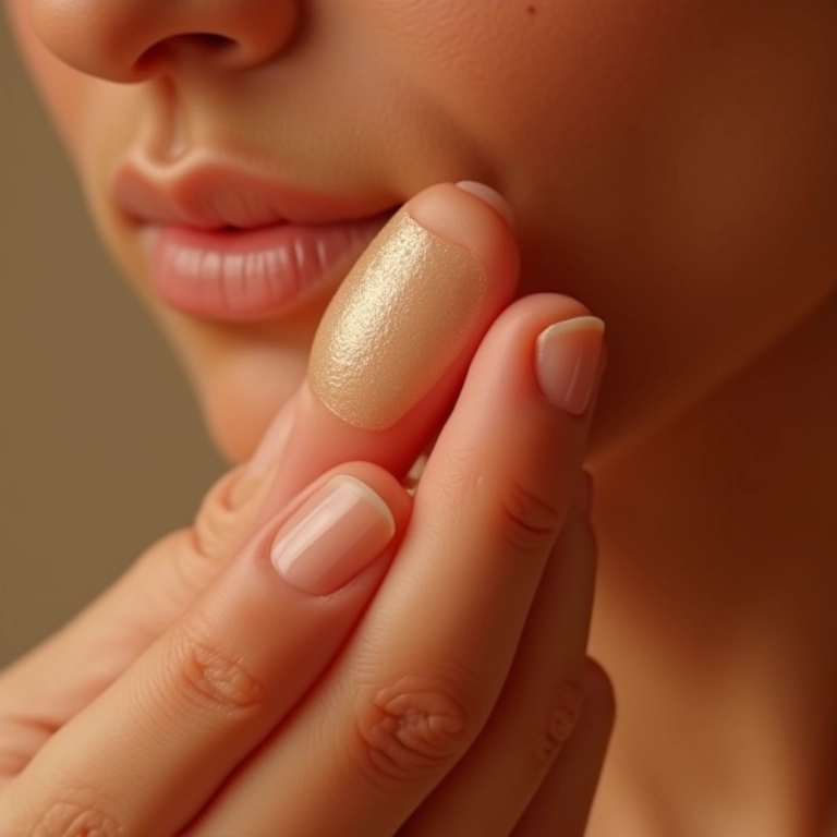 Aplicando iluminador líquido com os dedos, close-up.