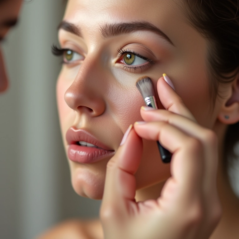 Aplicando iluminador líquido com pincel, técnica profissional.