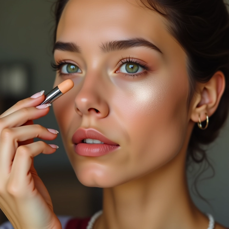 Aplicando iluminador líquido nas maçãs do rosto.