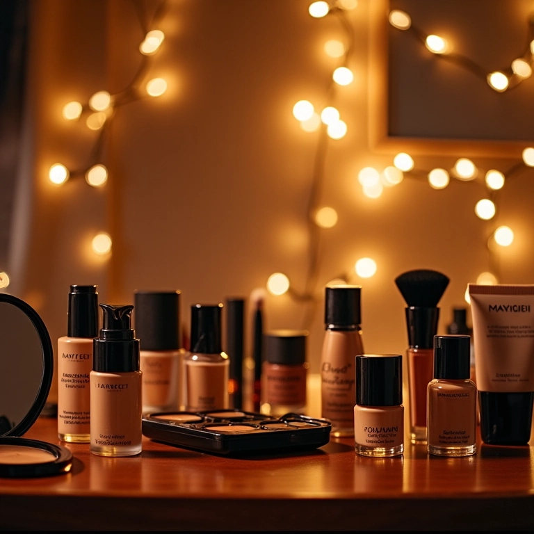 Área de maquiagem bem iluminada exibindo bases acessíveis.