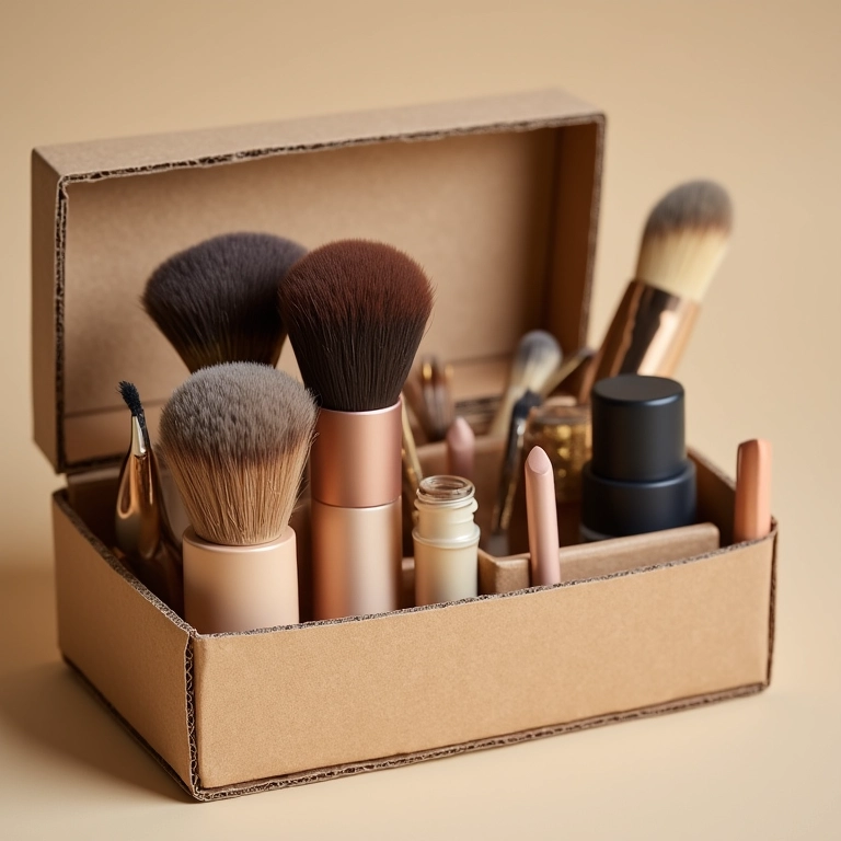 Armazenamento de maquiagem criativo feito de papelão, bases acessíveis.