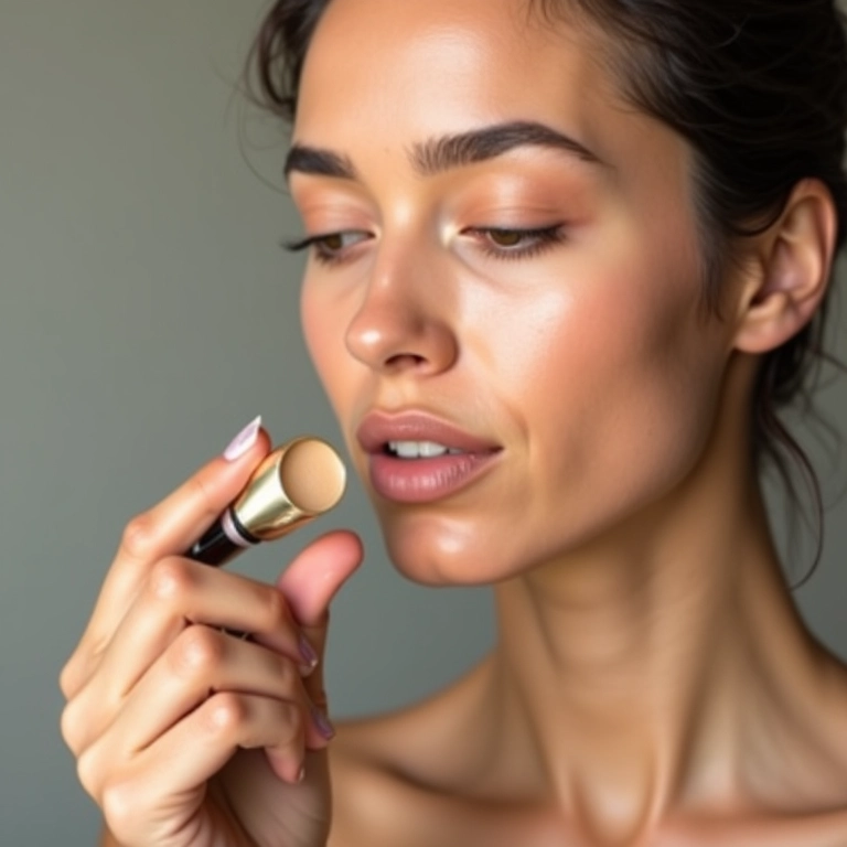 Base em bastão com ingredientes hidratantes, mulher aplicando.