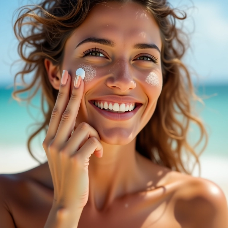 Base em gotas com proteção solar sendo aplicada ao ar livre.