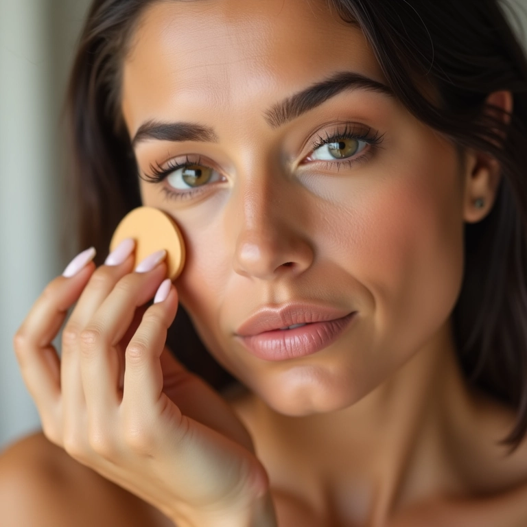Base leve: mulher aplicando base com esponja para uniformizar a pele.