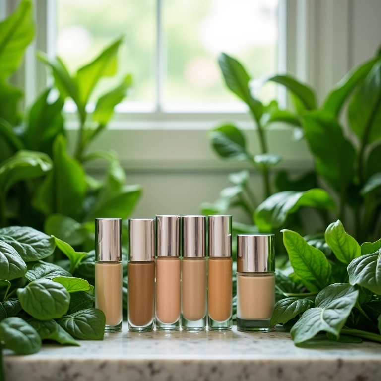 Bases acessíveis exibidas entre plantas verdes exuberantes em um banheiro.