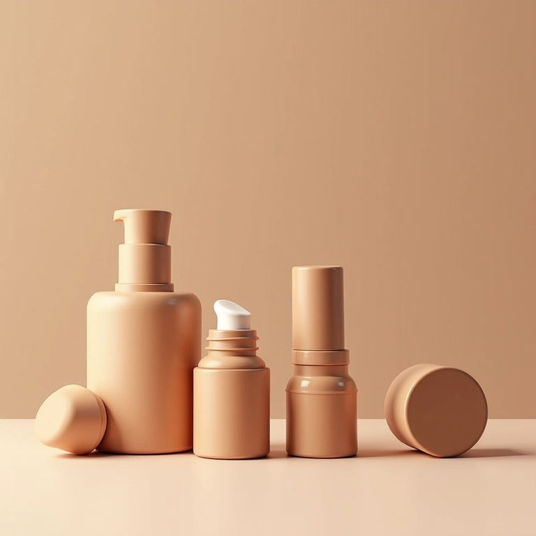 Bases exibidas em embalagens de cosméticos recicladas, foco na sustentabilidade.