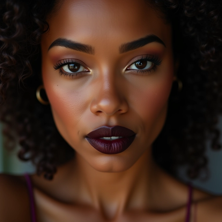 Batom escuro e maquiagem dos olhos em harmonia.