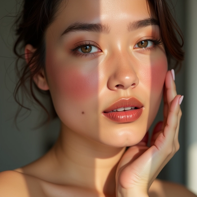 Batom marrom e blush.