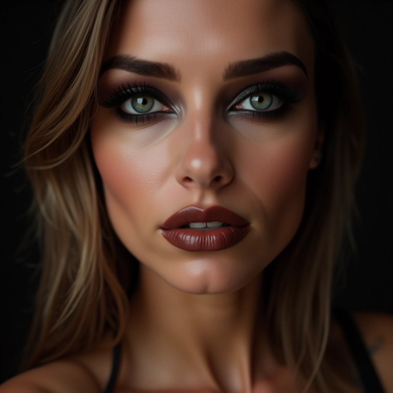 Batom marrom e maquiagem dos olhos.