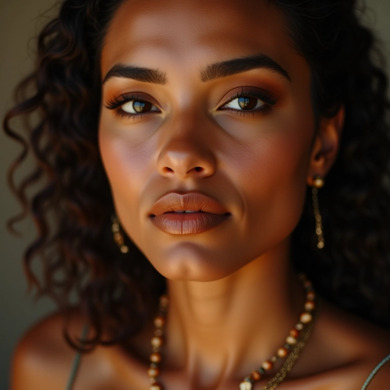 Batom nude caramelo em pele morena com sombra marrom.