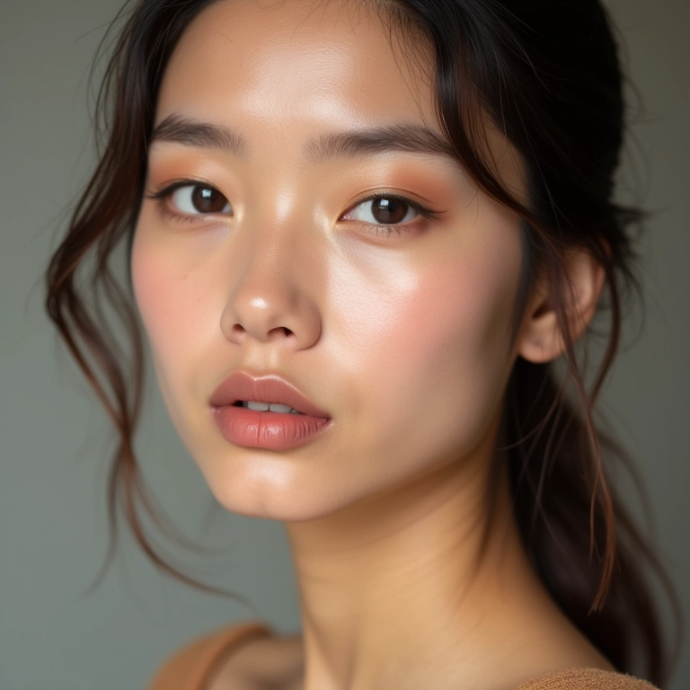 Batom nude e maquiagem neutra para os olhos.