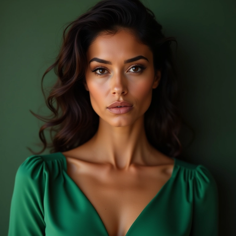 Batom nude equilibrando o look com vestido verde.