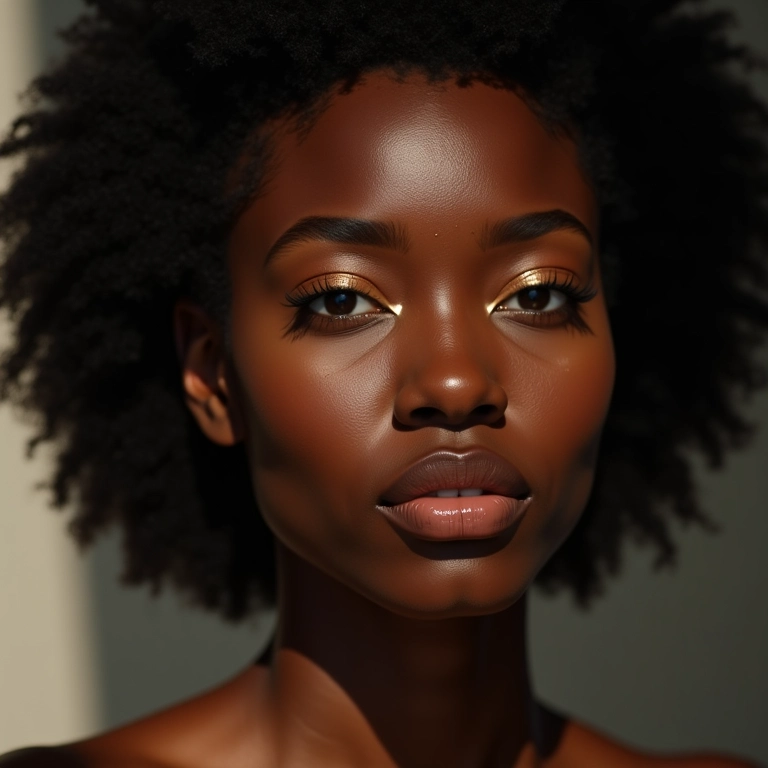 Batom nude marrom em pele negra com iluminador dourado.