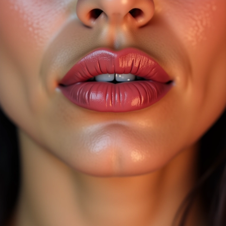 Batom nude nos lábios.