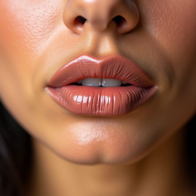 Batom nude ou gloss transparente para lábios volumosos.