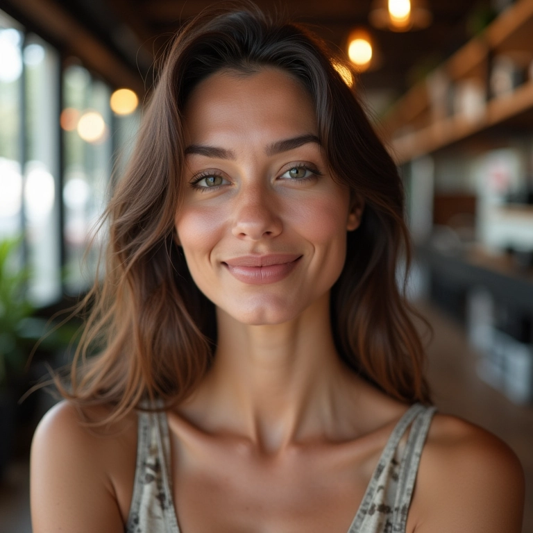 Batom nude para o dia a dia em ambiente casual.