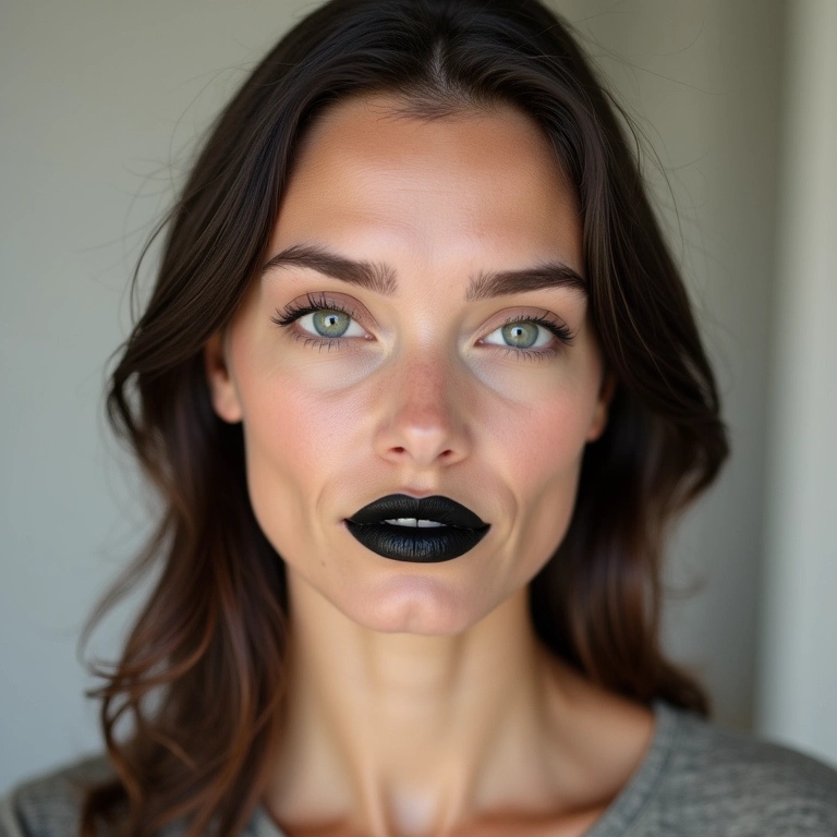Batom preto em pele clara com maquiagem natural.