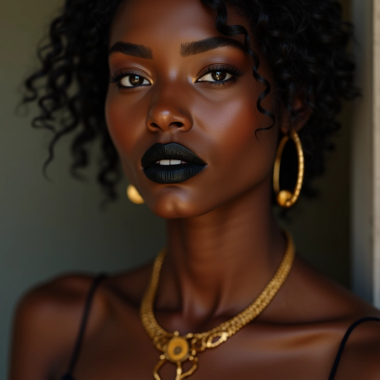 Batom preto em pele morena com acessórios dourados.