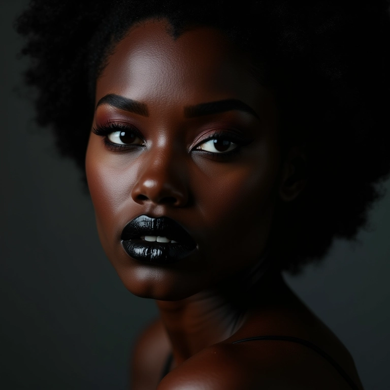 Batom preto em pele negra com maquiagem ousada.