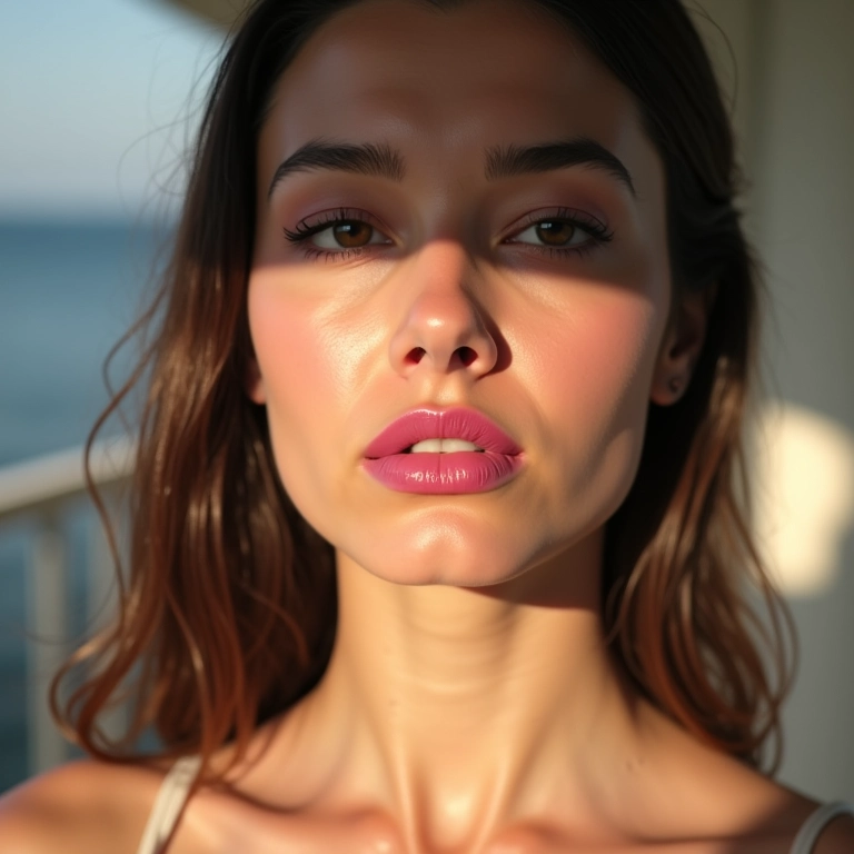 Batom rosa com gloss transparente.