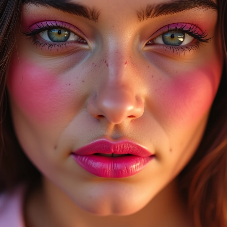 Batom rosa e blush em harmonia.