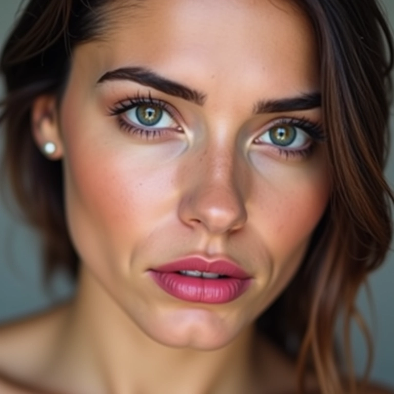 Batom rosa e maquiagem neutra nos olhos.