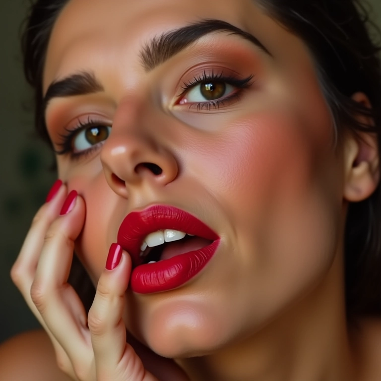 Batom sendo aplicado nos lábios já contornados.