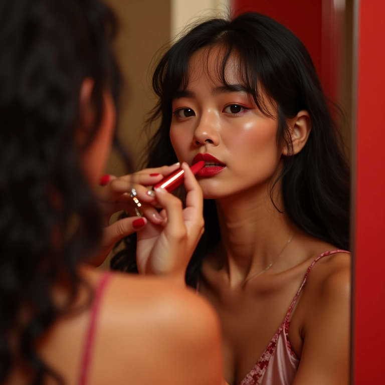 Batom vermelho marcante para finalizar a maquiagem.