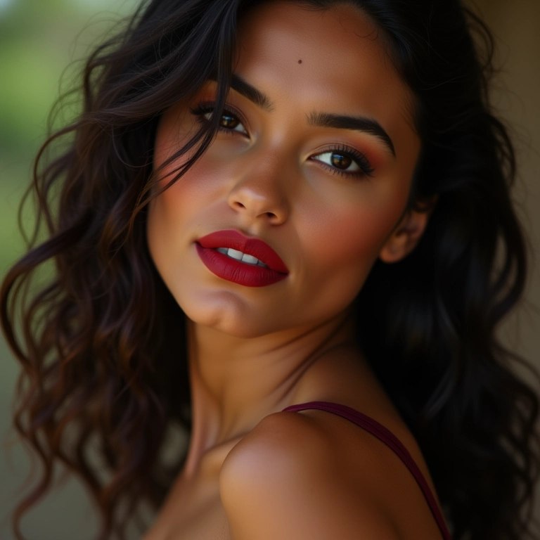 Batom vermelho poderoso para maquiagem de casamento à noite.