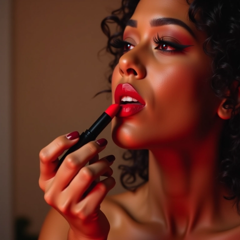 Batom vibrante finalizando o look de maquiagem indiana.