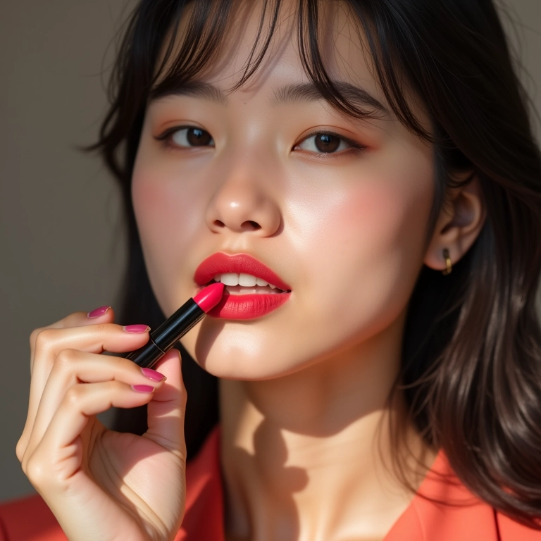 Batom vibrante nos lábios de mulher oriental.