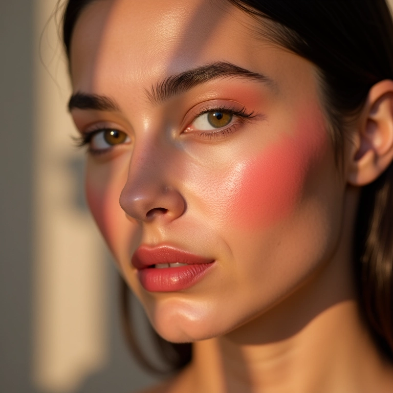 Blush coral em pele oliva para um visual vibrante.