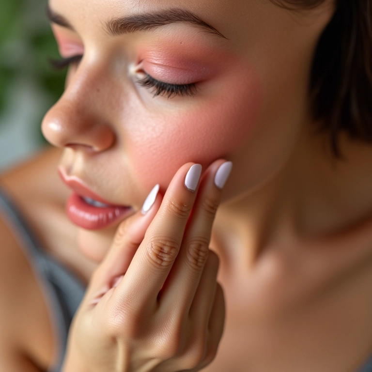 Blush cremoso aplicado com os dedos para um efeito natural.