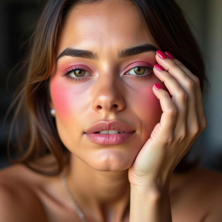 Blush em direção às têmporas em rosto quadrado.