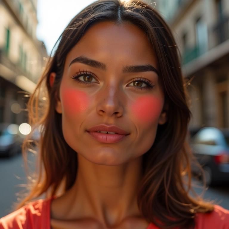 Blush em gel coral para pele morena, com luz solar.