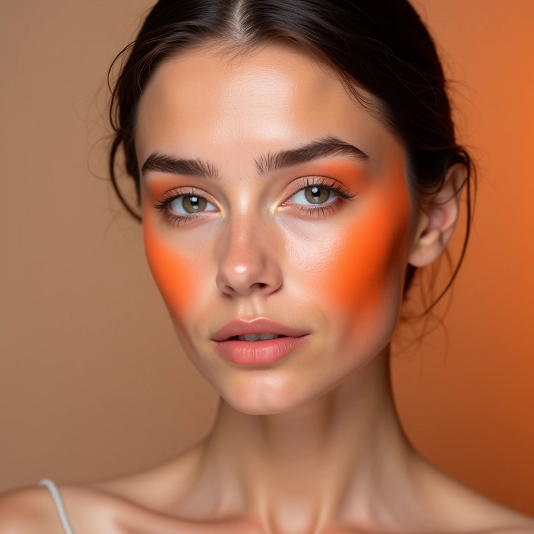 Blush laranja e contorno facial.