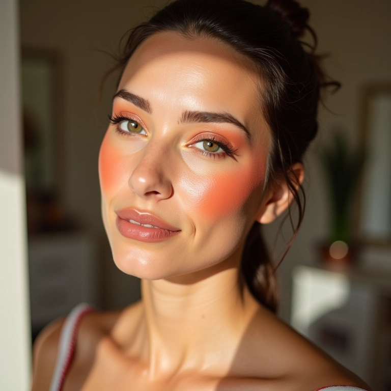 Blush laranja e iluminador no rosto de uma mulher.