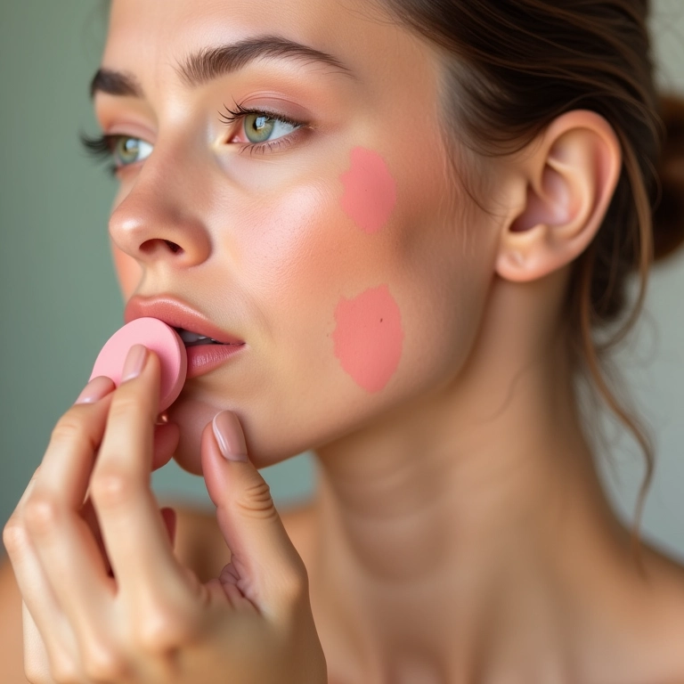 Blush líquido aplicado com esponja para um efeito suave.