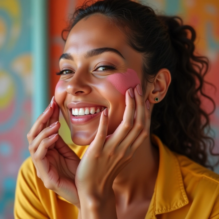 Blush: mulher brasileira sorrindo enquanto aplica blush nas bochechas.