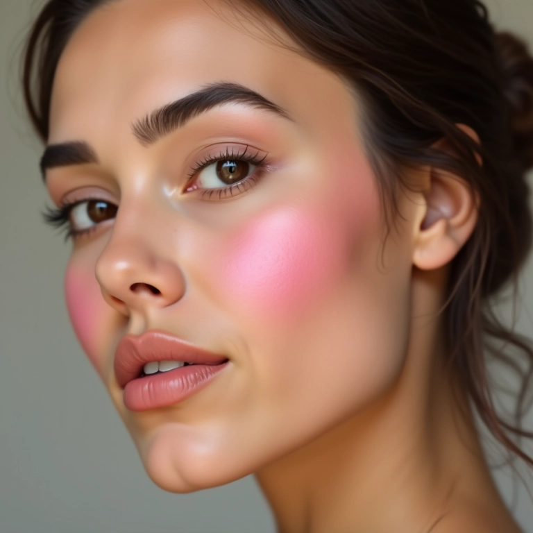 Blush para rosto oval, realçando as maçãs do rosto.