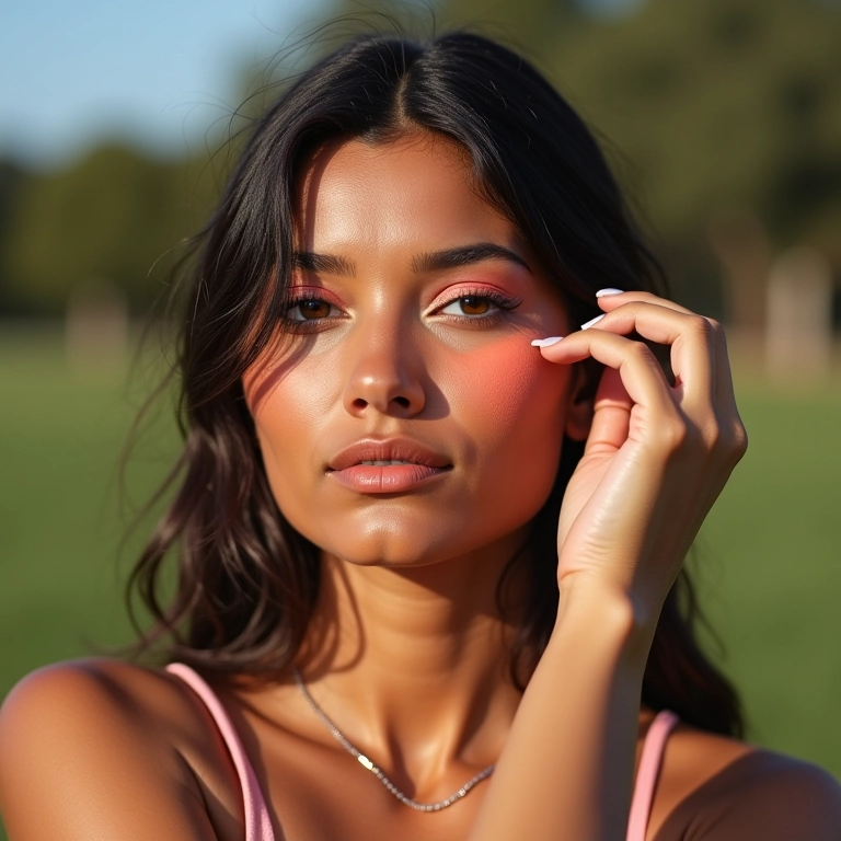Blush pêssego em pele morena, realçando a beleza natural.