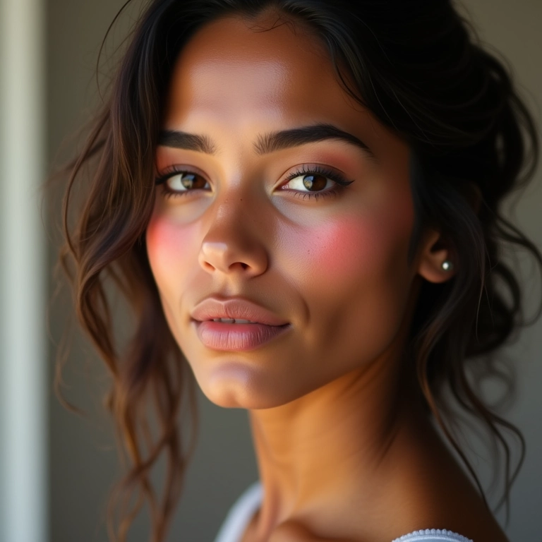 Blush pêssego nas maçãs do rosto.