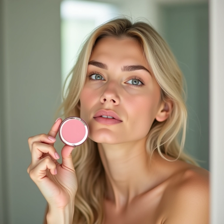 Blush rosa claro em pele clara para um visual natural.