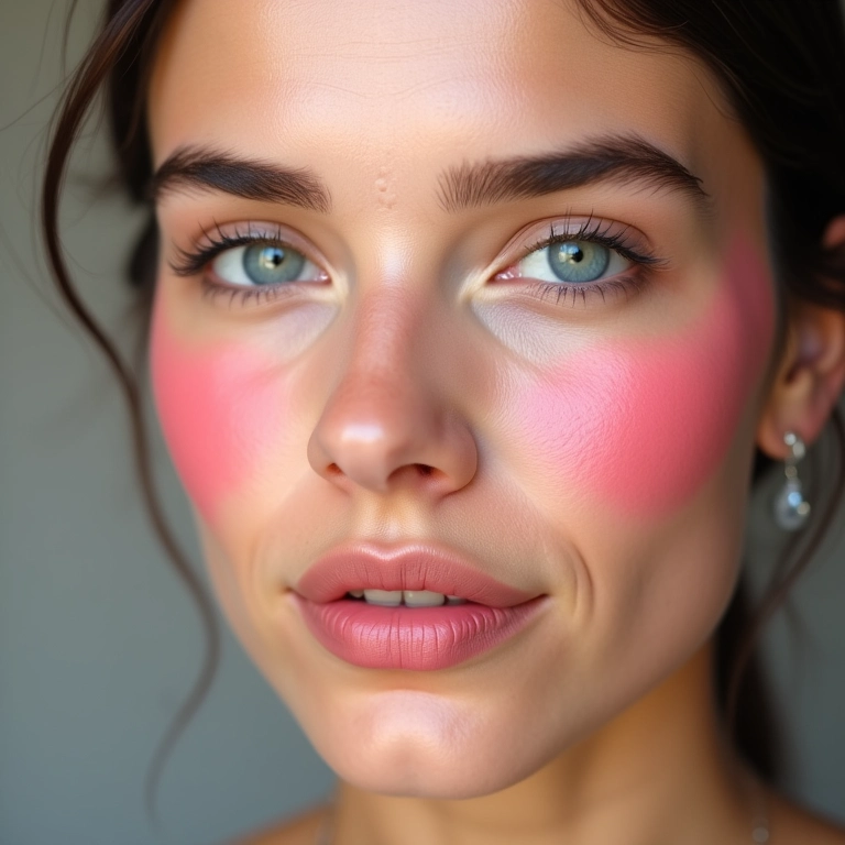 Blush rosado em rosto redondo, realçando a beleza.