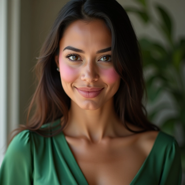 Blush rosado para um ar de saúde com vestido verde.