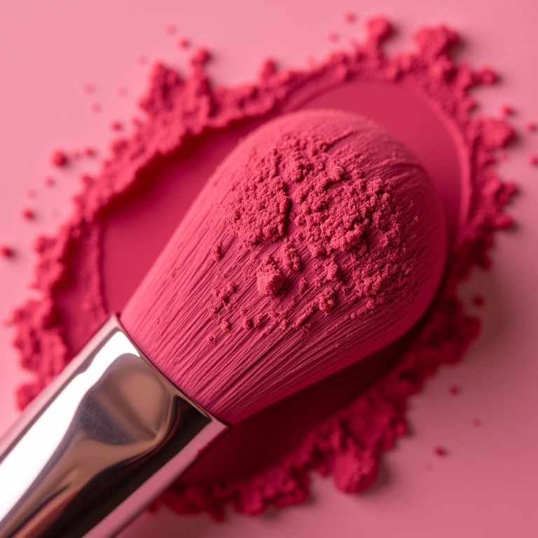 Blush vinho em pó no pincel, close-up.